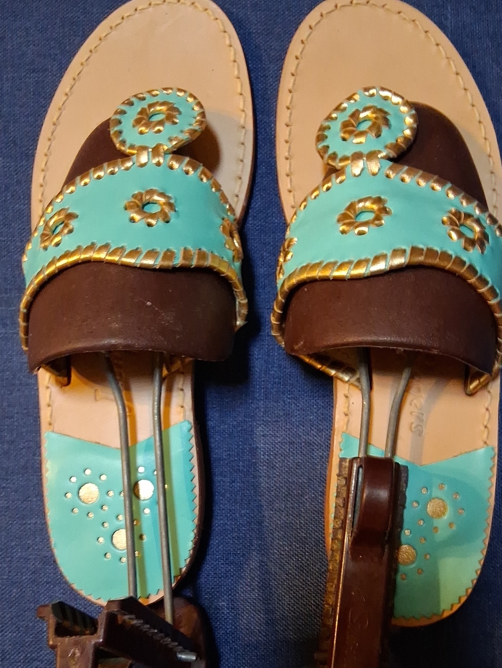 Jack Rogers Turquoise and Brown Leather Slide Sandals
